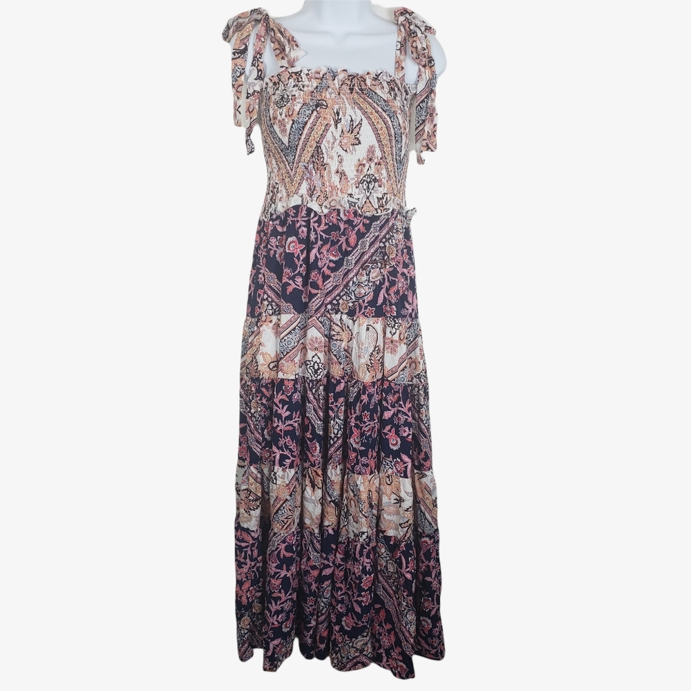 Abel the Label Pink Floral Pastel Zodiac Tiered Tie Shoulder Maxi Dress Small